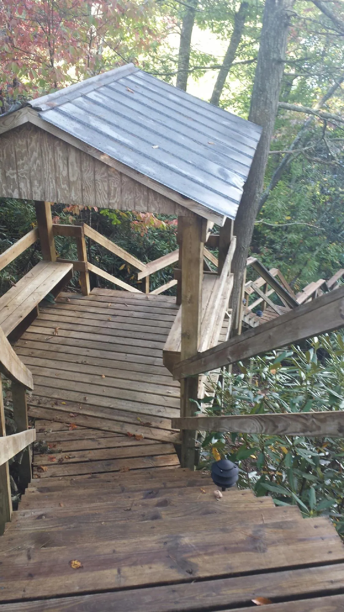 Metal roofed shelter over wooden steps on a wooded walkway — Skylight Repair & Installation work by our crew in Conesus